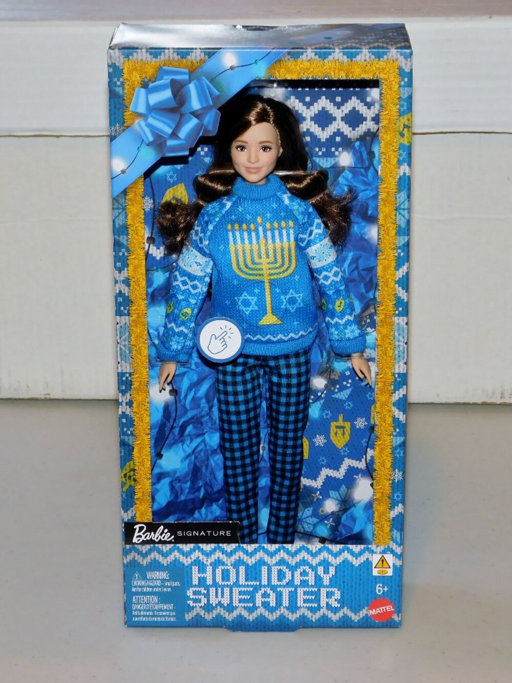 2026 Barbie Signature Ugly Holiday Sweater Blue Hanukkah Menorah Light Up Doll
